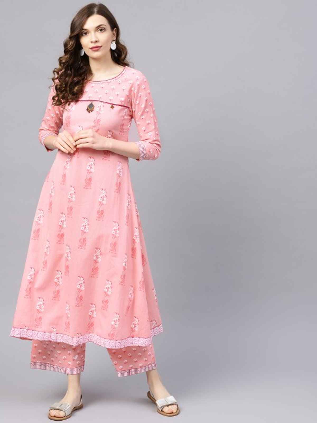 Ishin Women Floral Anarkali Kurta Palazzo Set | KURPLGASH-474 | Cotton Pink - M