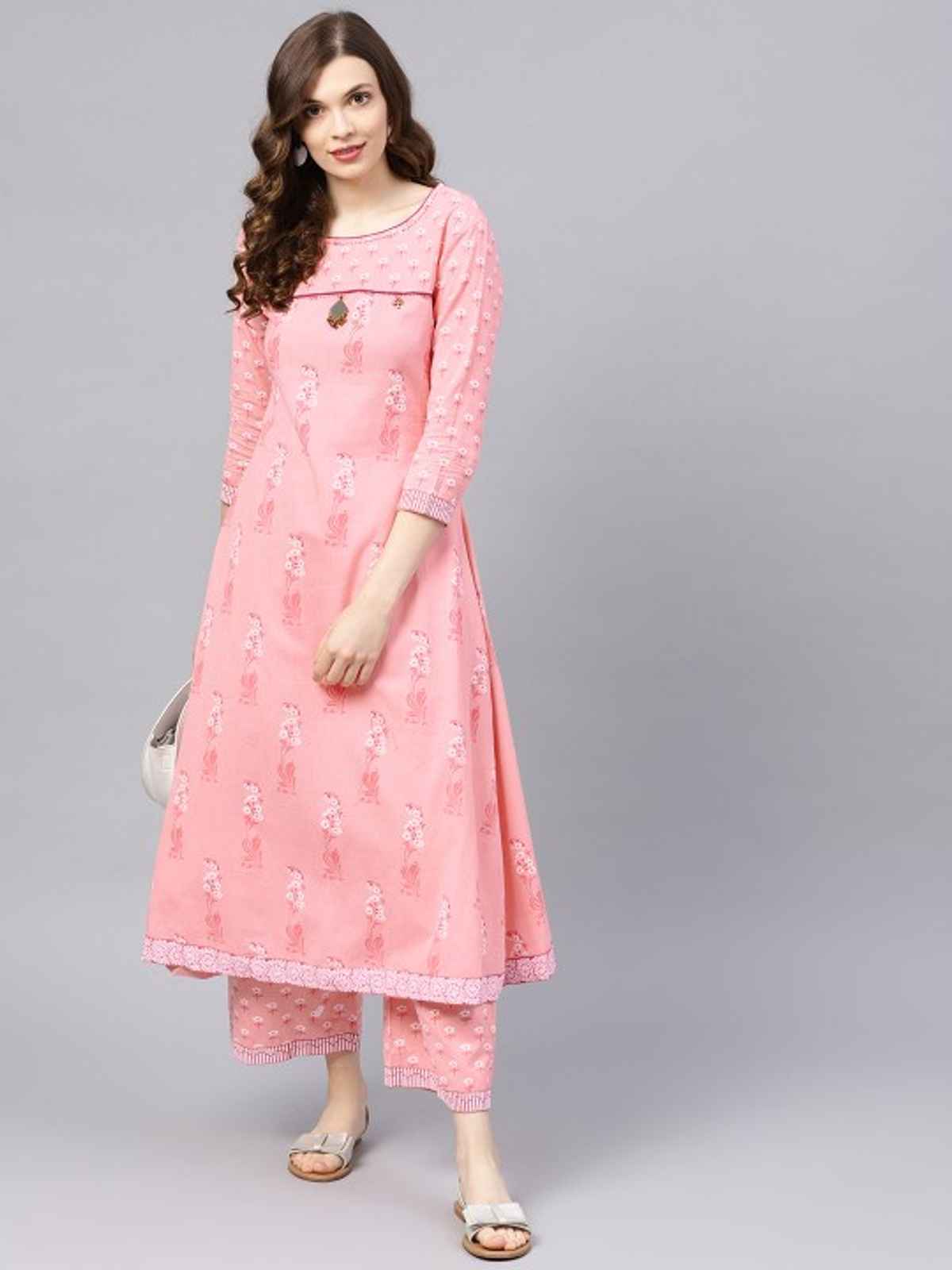 Ishin Women Floral Anarkali Kurta Palazzo Set | KURPLGASH-474 | Cotton Pink - M
