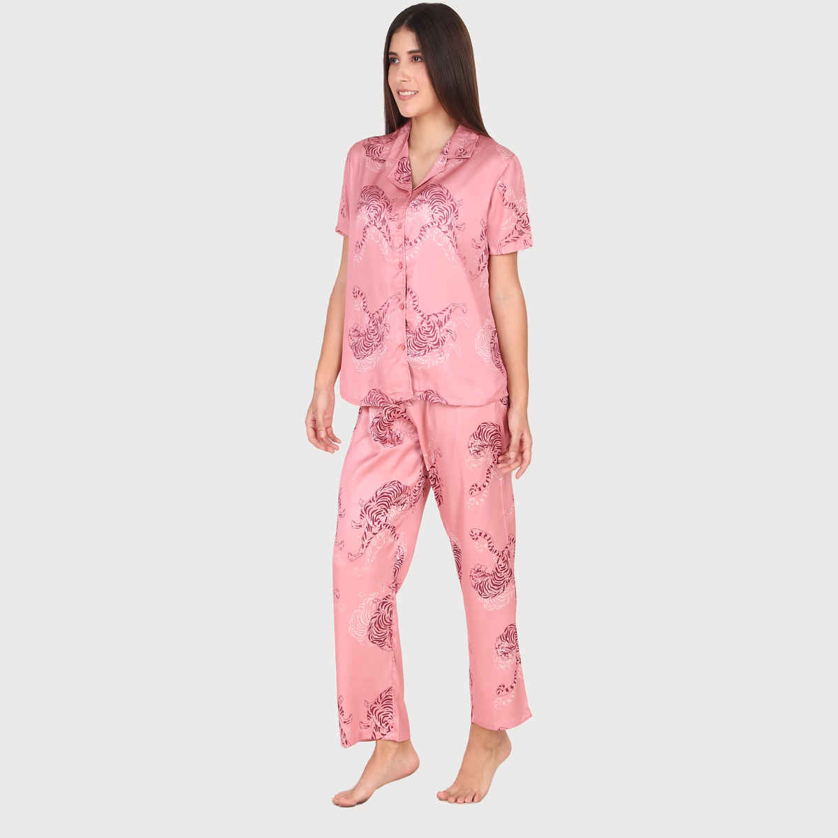 Masha Women's Tiger Pink Satin Pajamas | Set | XL