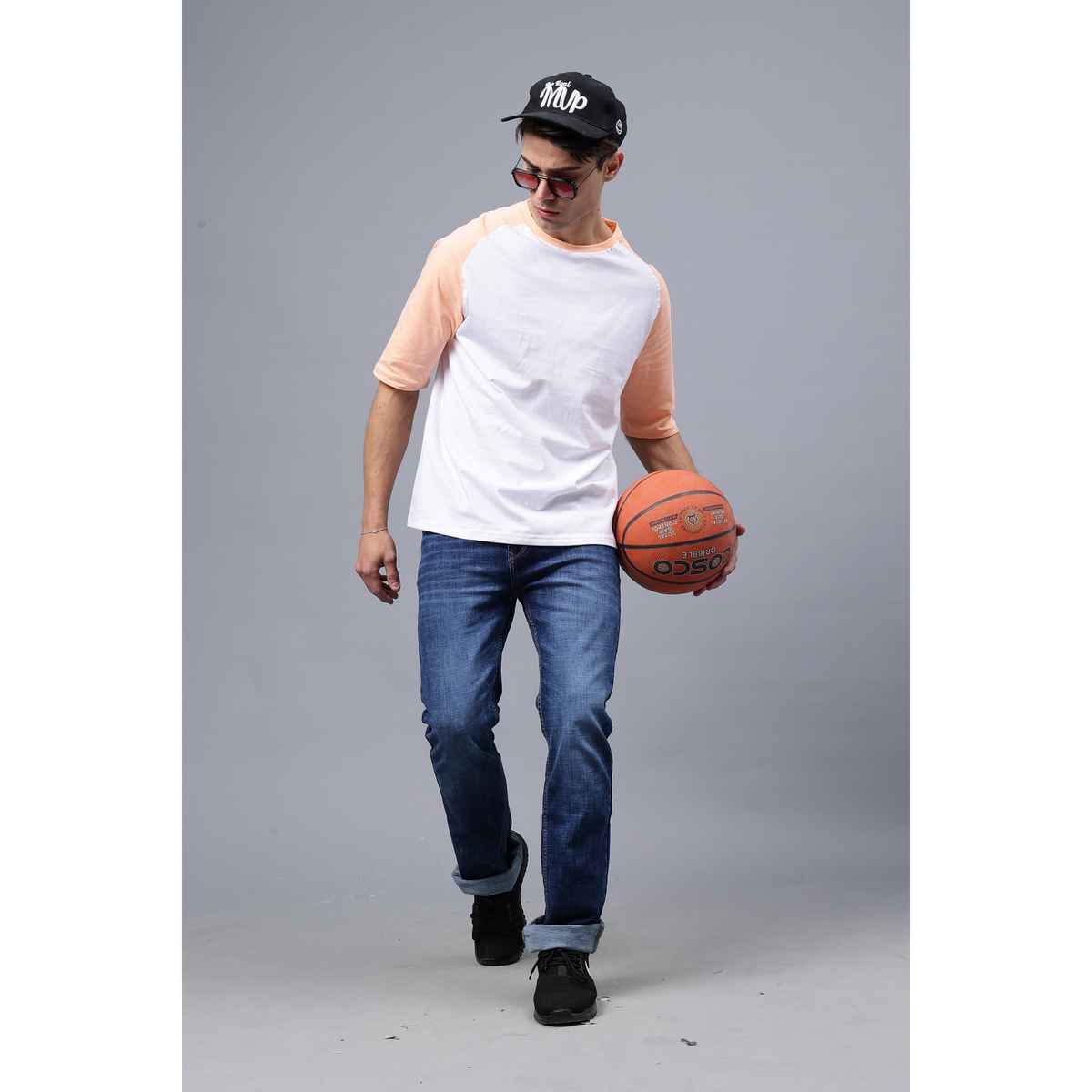 Mad Over Print Men's Colorblock T-shirt | Peach & White - XXL