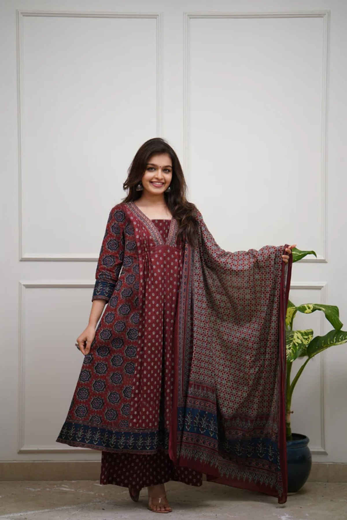 GoSriKi Women's Viscose Rayon Anarkali Printed Kurta with Pant & Dupatta | NAKULA | Wine - S