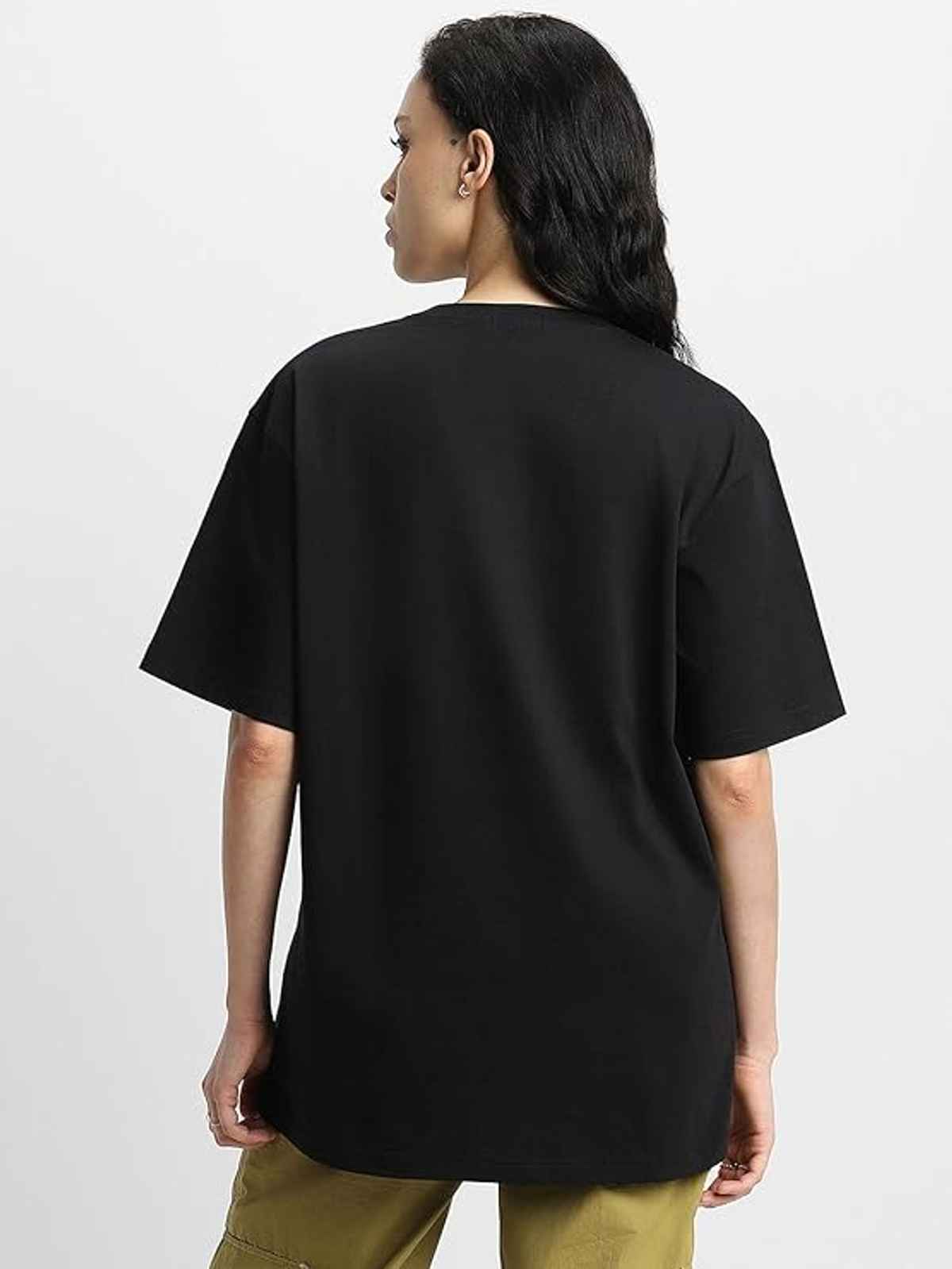 Juneberry Black Oversized Fit Round Neck T-shirt for Women - M
