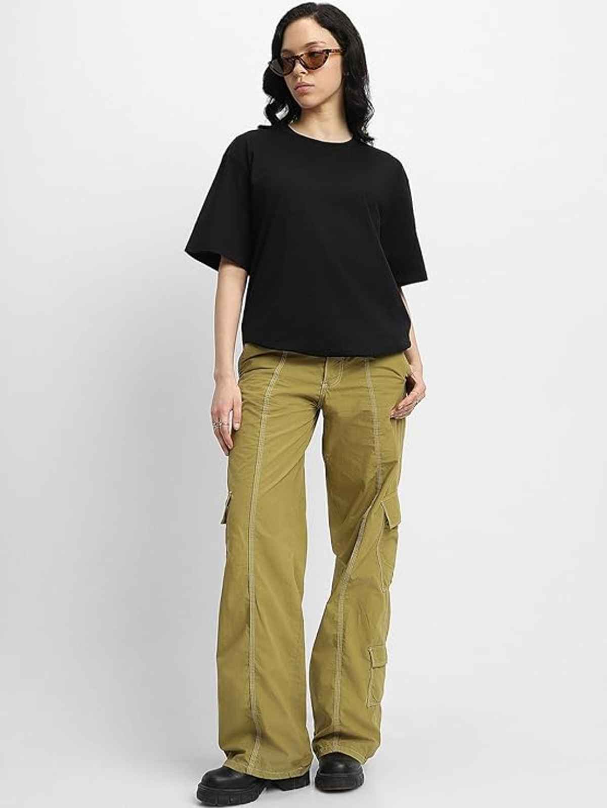 Juneberry Black Oversized Fit Round Neck T-shirt for Women - M