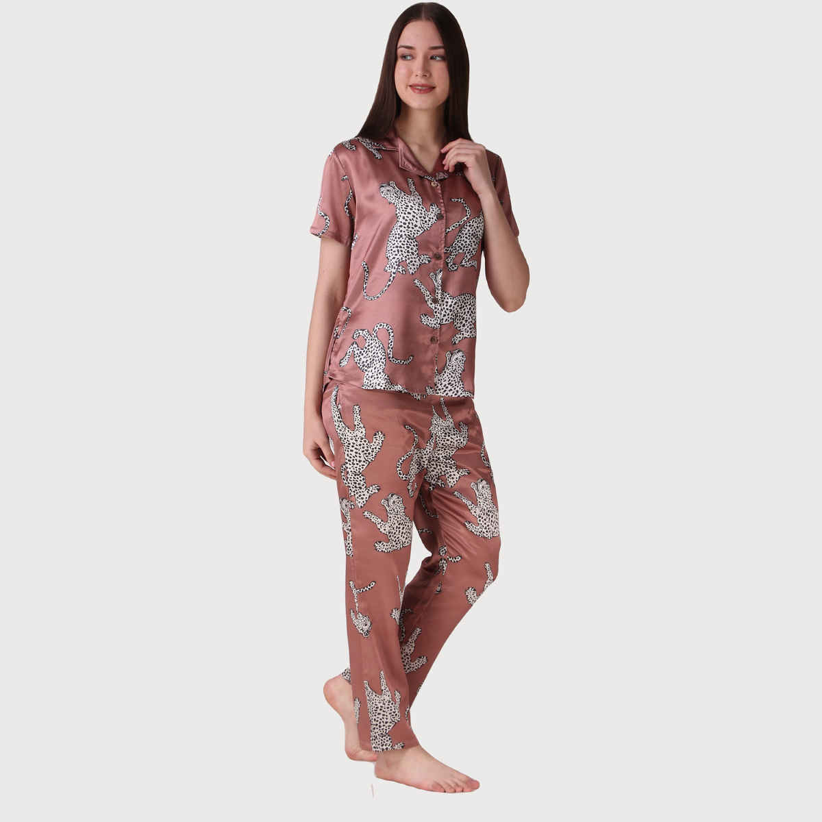 Masha Women's Cheetah Brown Satin Pajamas | Set | S