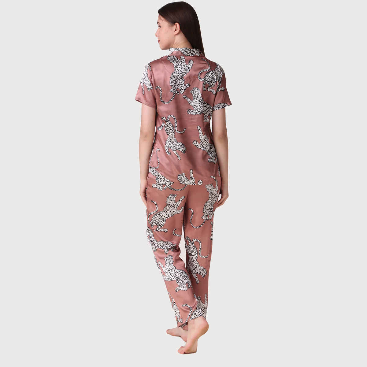 Masha Women's Cheetah Brown Satin Pajamas | Set | S