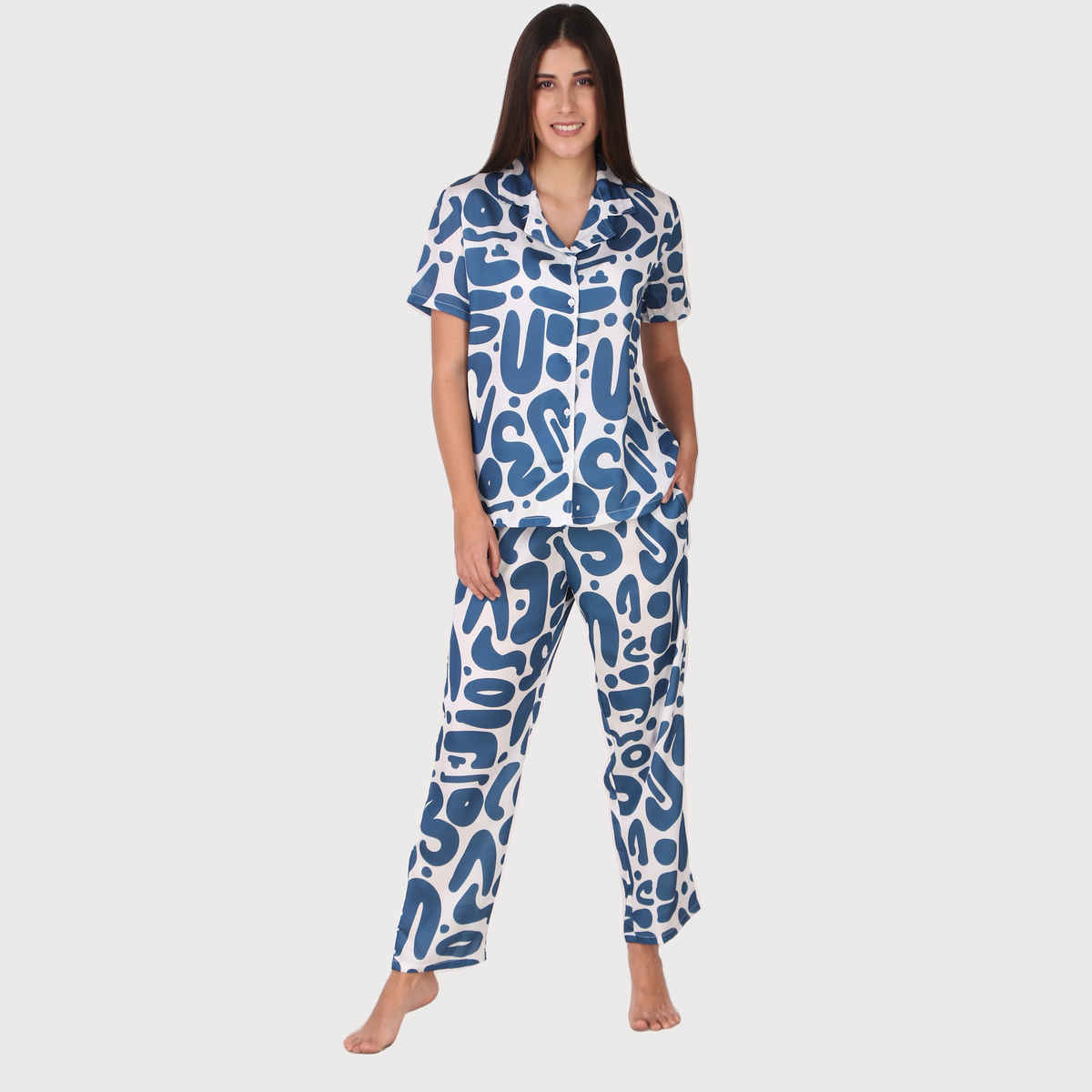 Masha Women's Bubble Blue Satin Pajamas | Set | L