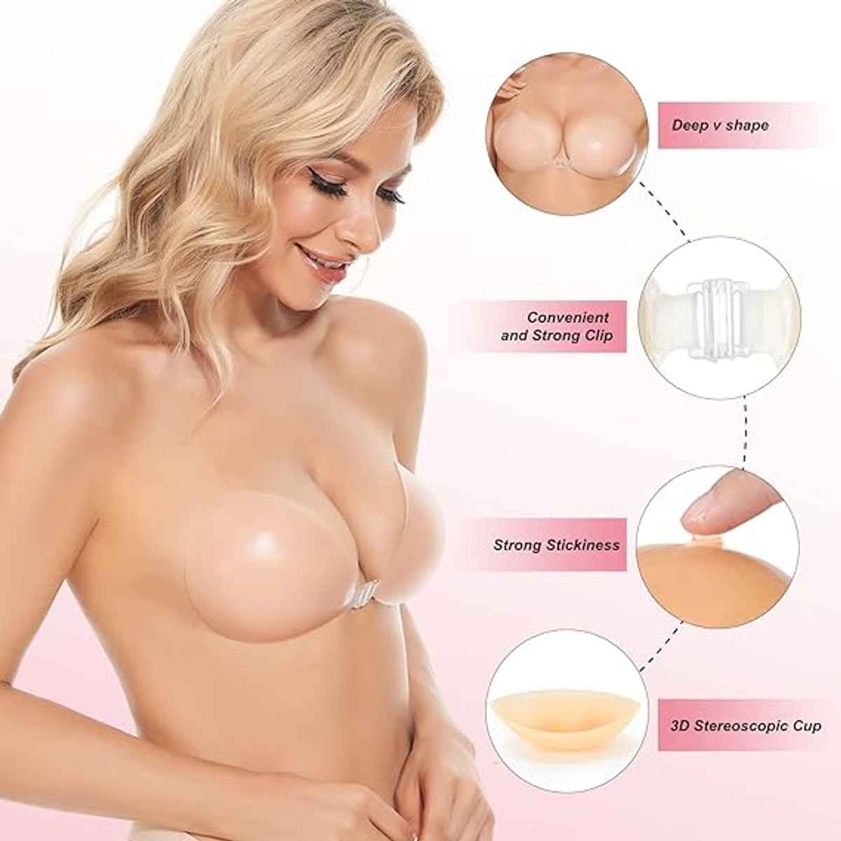 PLUMBURY Women's Silicone Adhesive Strapless Backless Stick On Bra - 36C