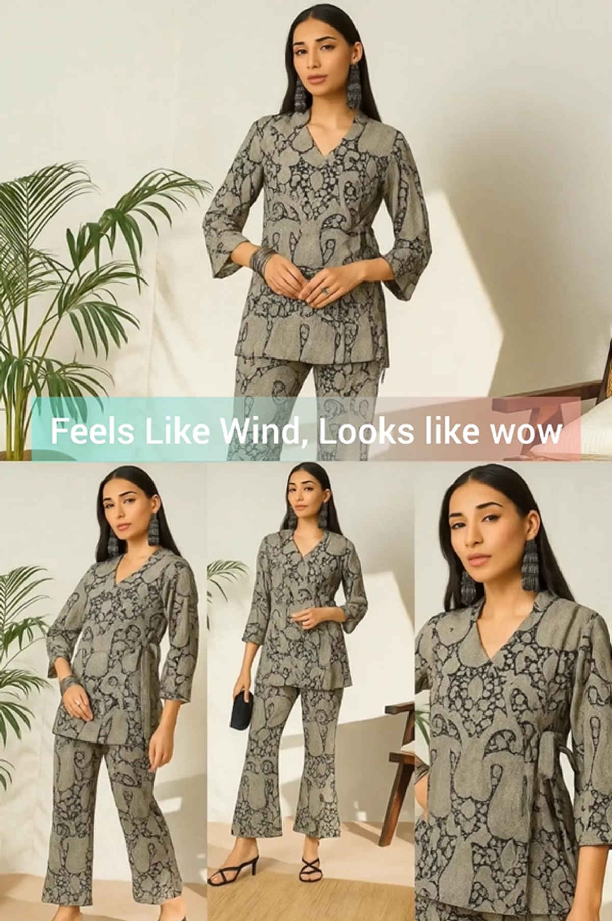 Bandia Women's Black Cream Paisley Printed Knot Style Co-Ords Set | Black - M