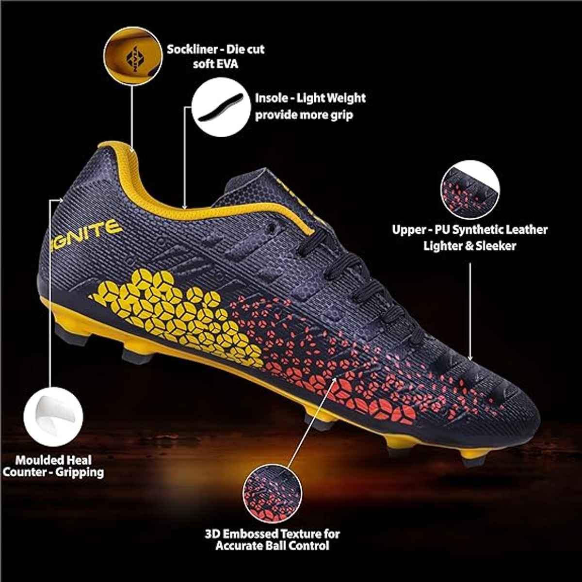 Nivia Men's Ignite Football Stud | Black and G. Yellow - UK 6