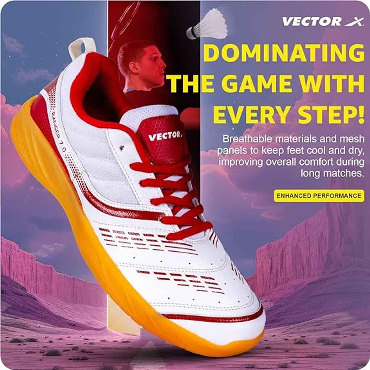 Vector X Ranger 7.0 Power Badminton Shoes for Men (White-Red, 6) | UK6