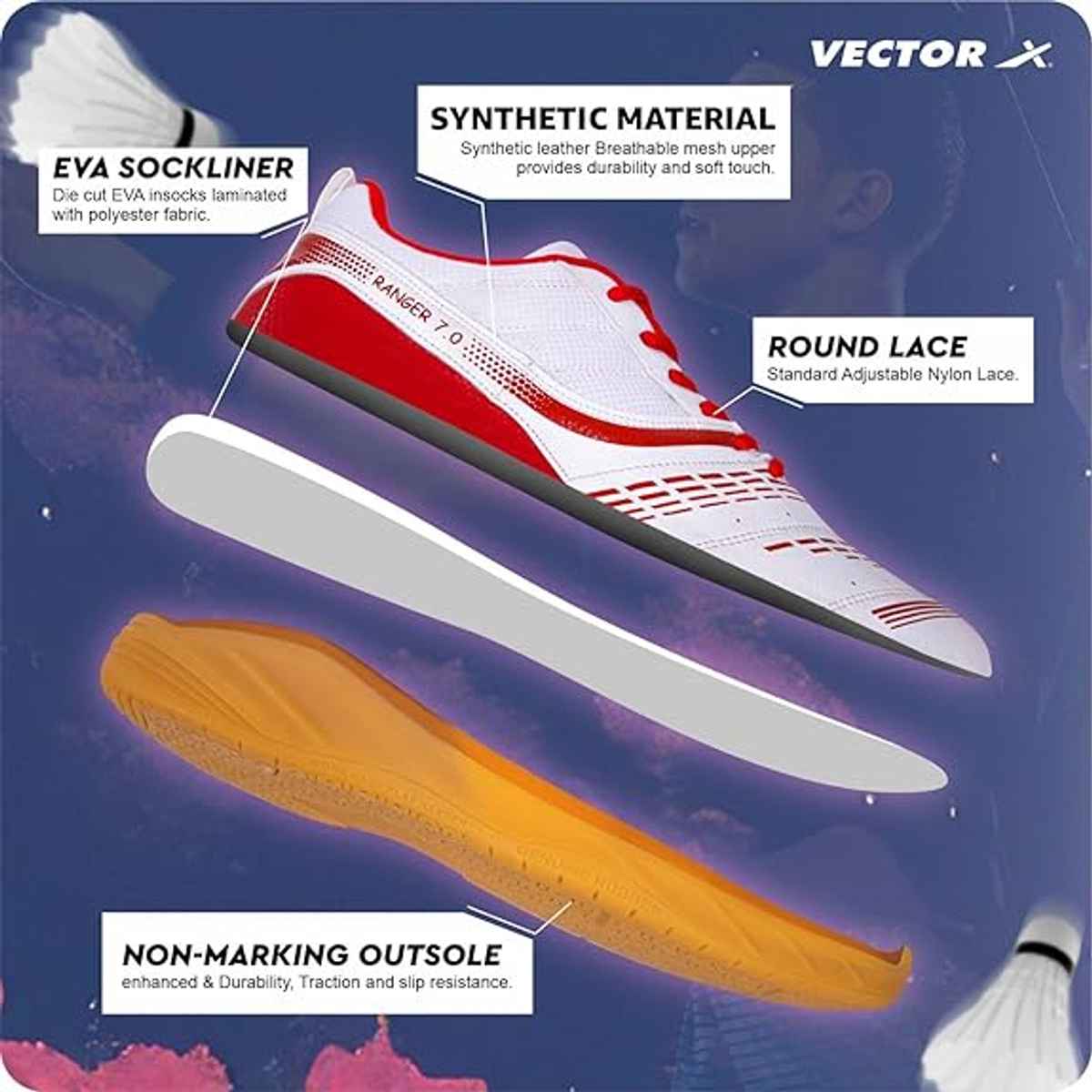 Vector X Ranger 7.0 Power Badminton Shoes for Men (White-Red, 6) | UK6