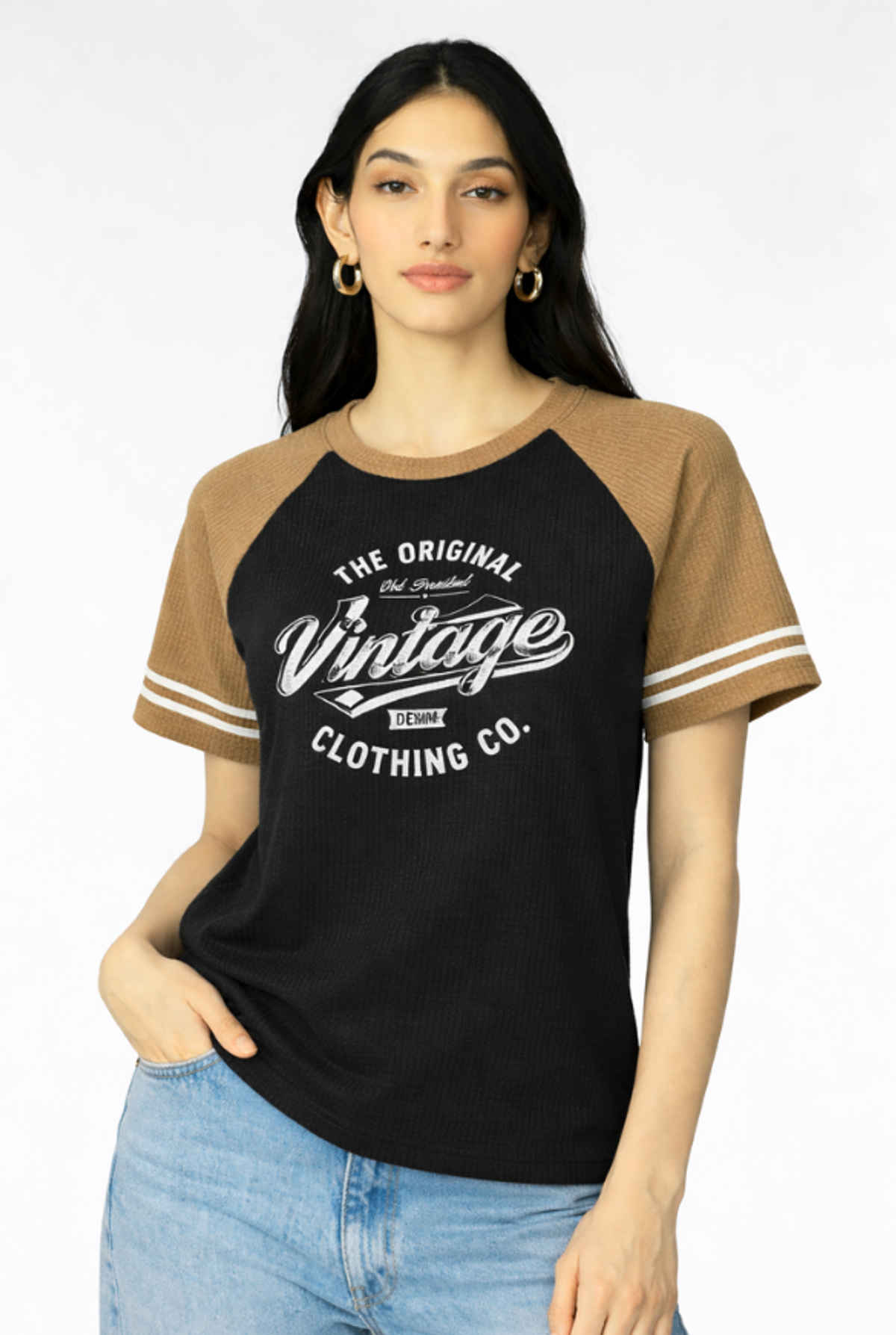 Try This Women's HF Sleeve Graphic Print Round Neck Tshirt | Black & Brown | L