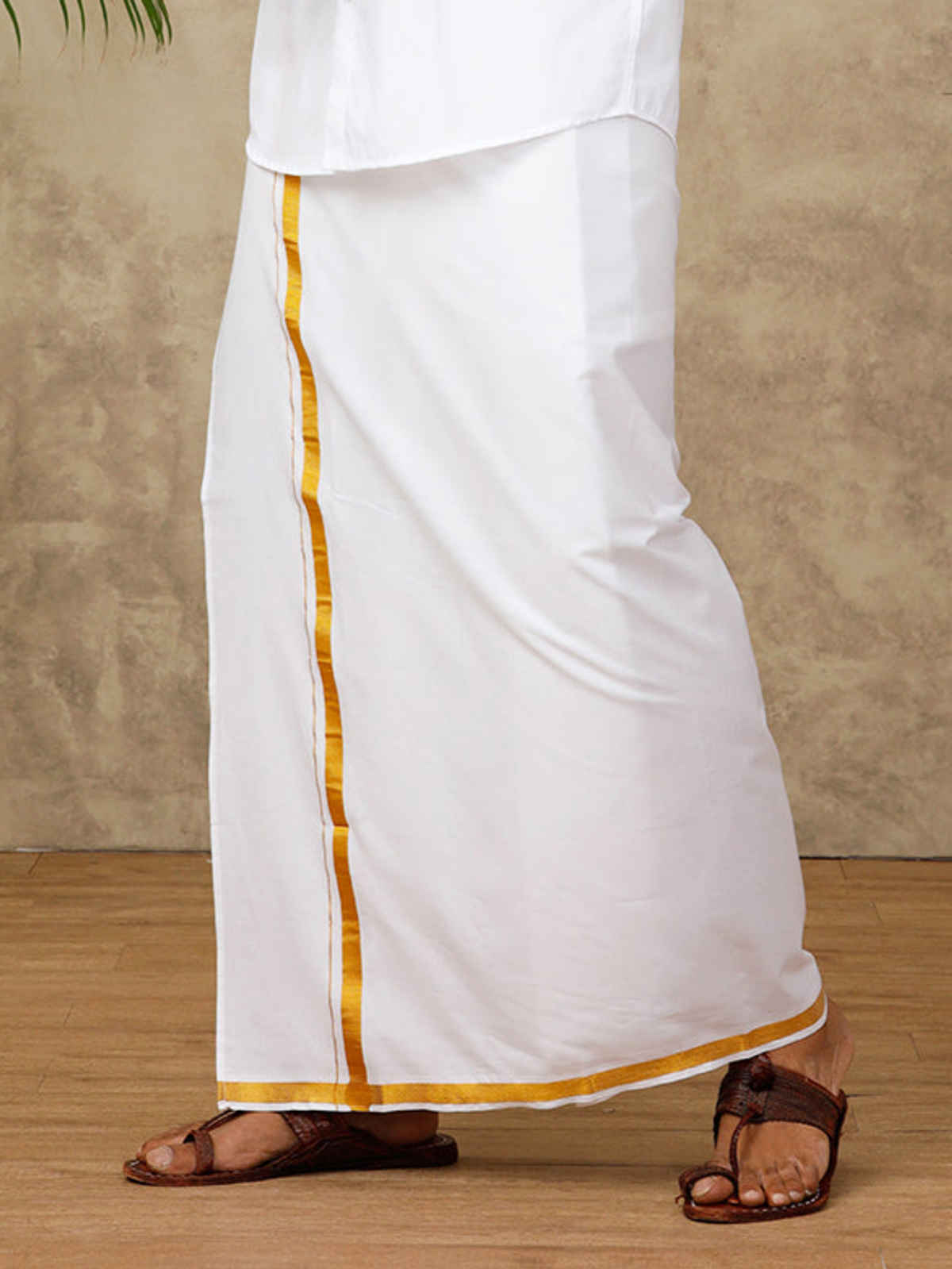 Ramraj Cotton Traditional Velcro Dhoti /Mund /Veshti with Gold Zari Border | White - Free Size