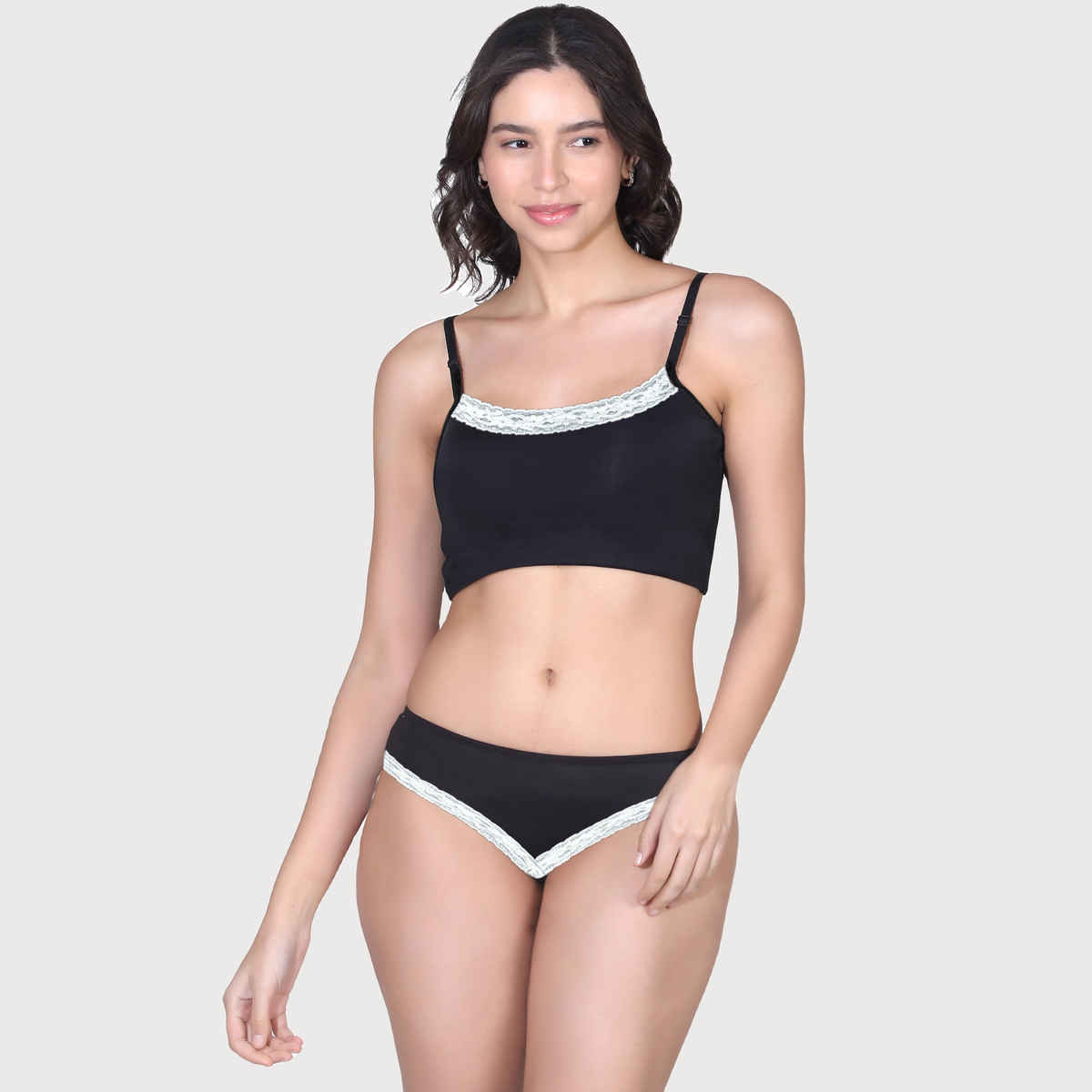 D'chica Women Cotton Lycra Lingerie Set Bra and Thong Panty with Adjustable Straps - Black | S