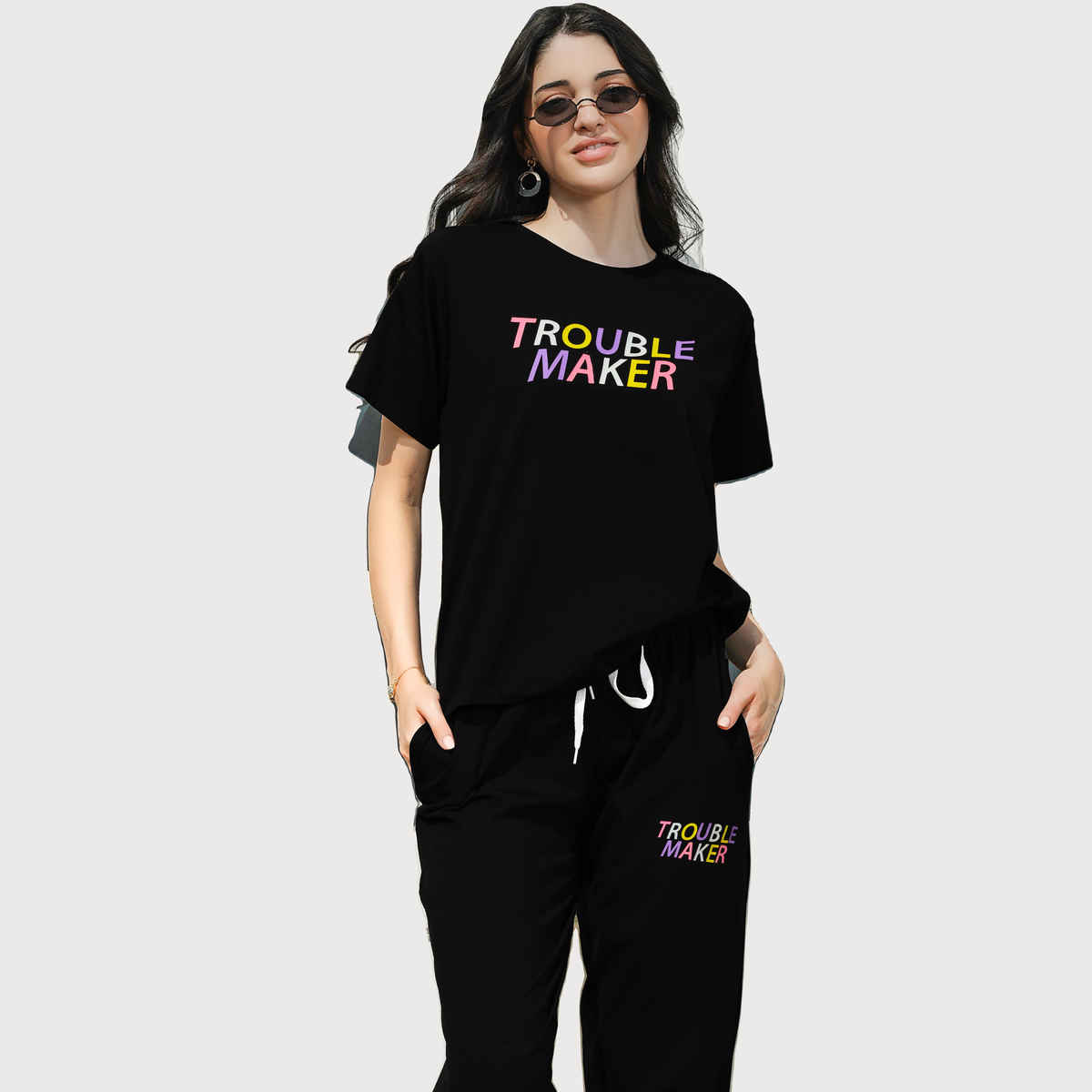Zeyo Night Suit for Women Black Typography Printed Cotton Night Dress of Top & Joggers 5851-BK- S