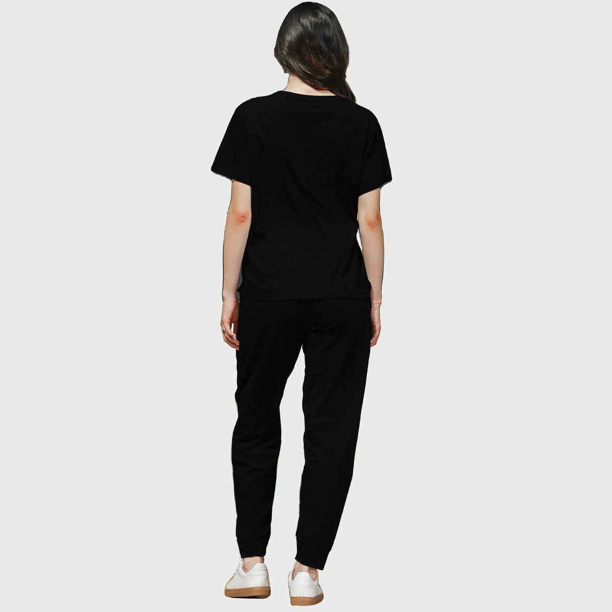 Zeyo Night Suit for Women Black Typography Printed Cotton Night Dress of Top & Joggers 5851-BK- S