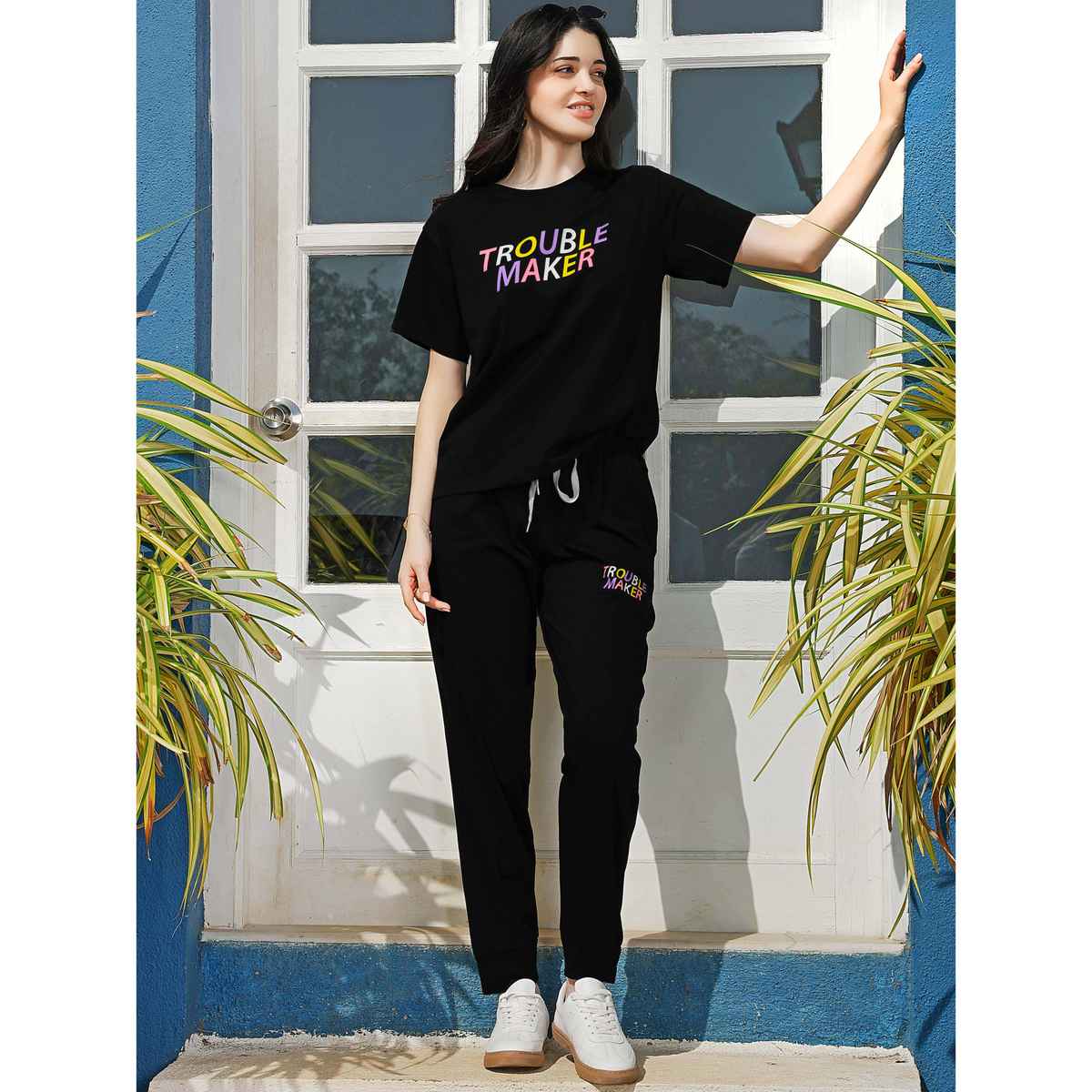 Zeyo Night Suit for Women Black Typography Printed Cotton Night Dress of Top & Joggers 5851-BK- S