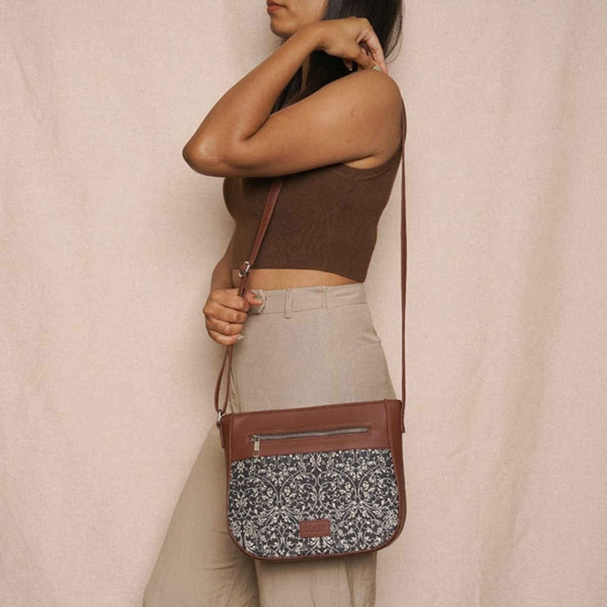 Zouk Women's Lace Vegan Leather and Fabric 4 L Sling Bag | Multicolour - One Size