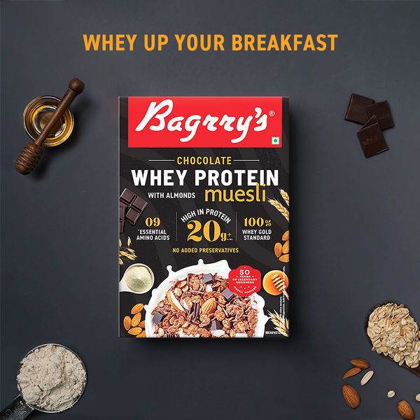 Bagrry's Whey Protein Chocolate Muesli with Almonds | 20g protein | 100% Whole Oats | 500gm carton