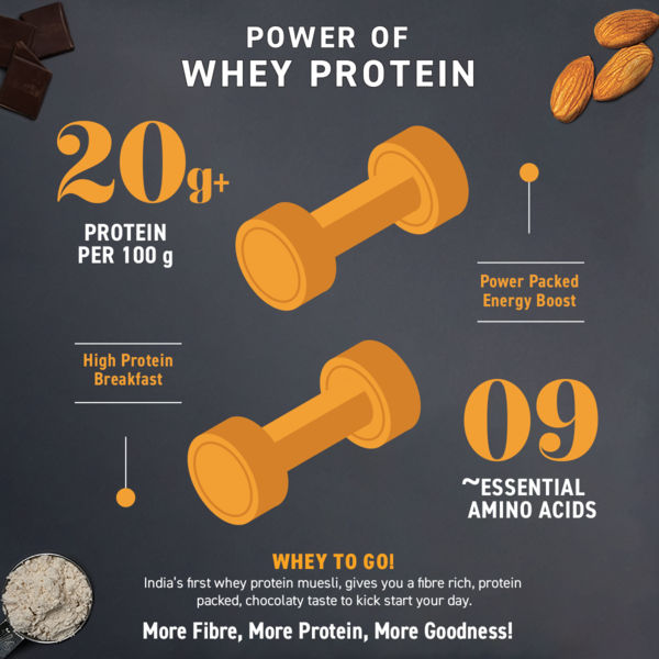 Bagrry's Whey Protein Chocolate Muesli with Almonds | 20g protein | 100% Whole Oats | 500gm carton