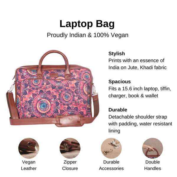 Zouk Women's Graphic Vegan Leather and Handcrafted Fabric 5.4 L Laptop Bag | Pink - 15.6 Inches