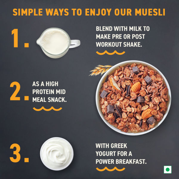 Bagrry's Whey Protein Chocolate Muesli with Almonds | 20g protein | 100% Whole Oats | 500gm carton