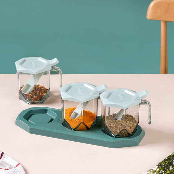Nestasia Set of 3 Spice Jars With Spoons Green