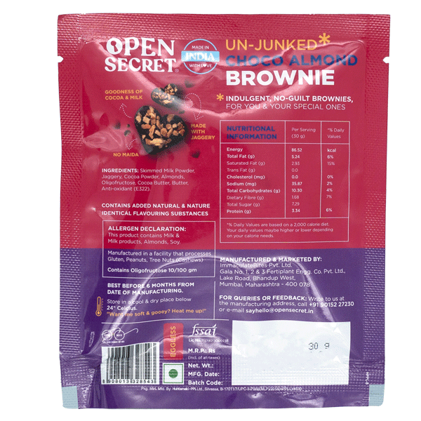 Open Secret Heart Shaped Chocolate Almond Brownie, No Maida, Zero Palm Oil