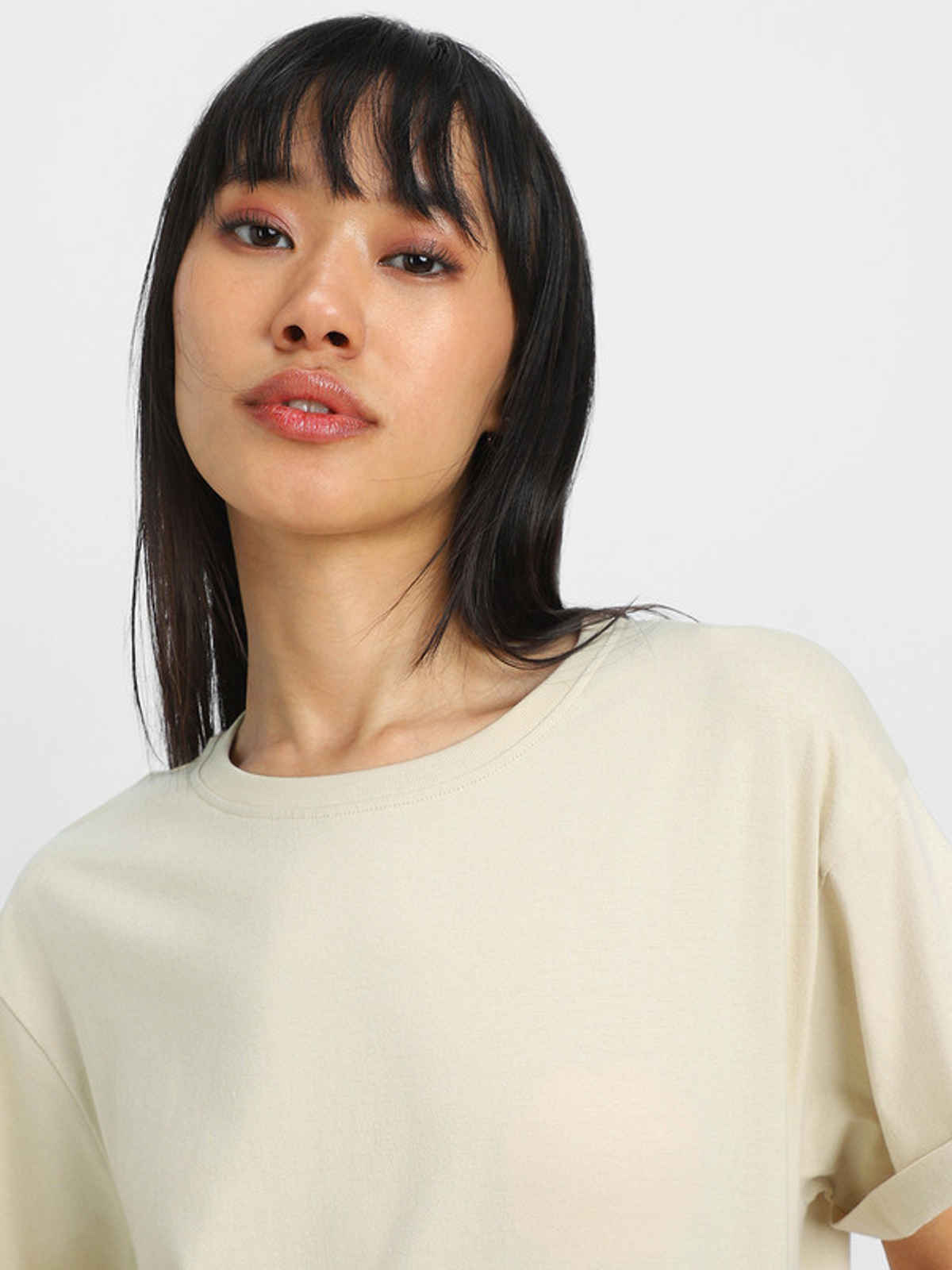 Juneberry Women's Oversized Fit Boyfriend T-shirt | Beige - S