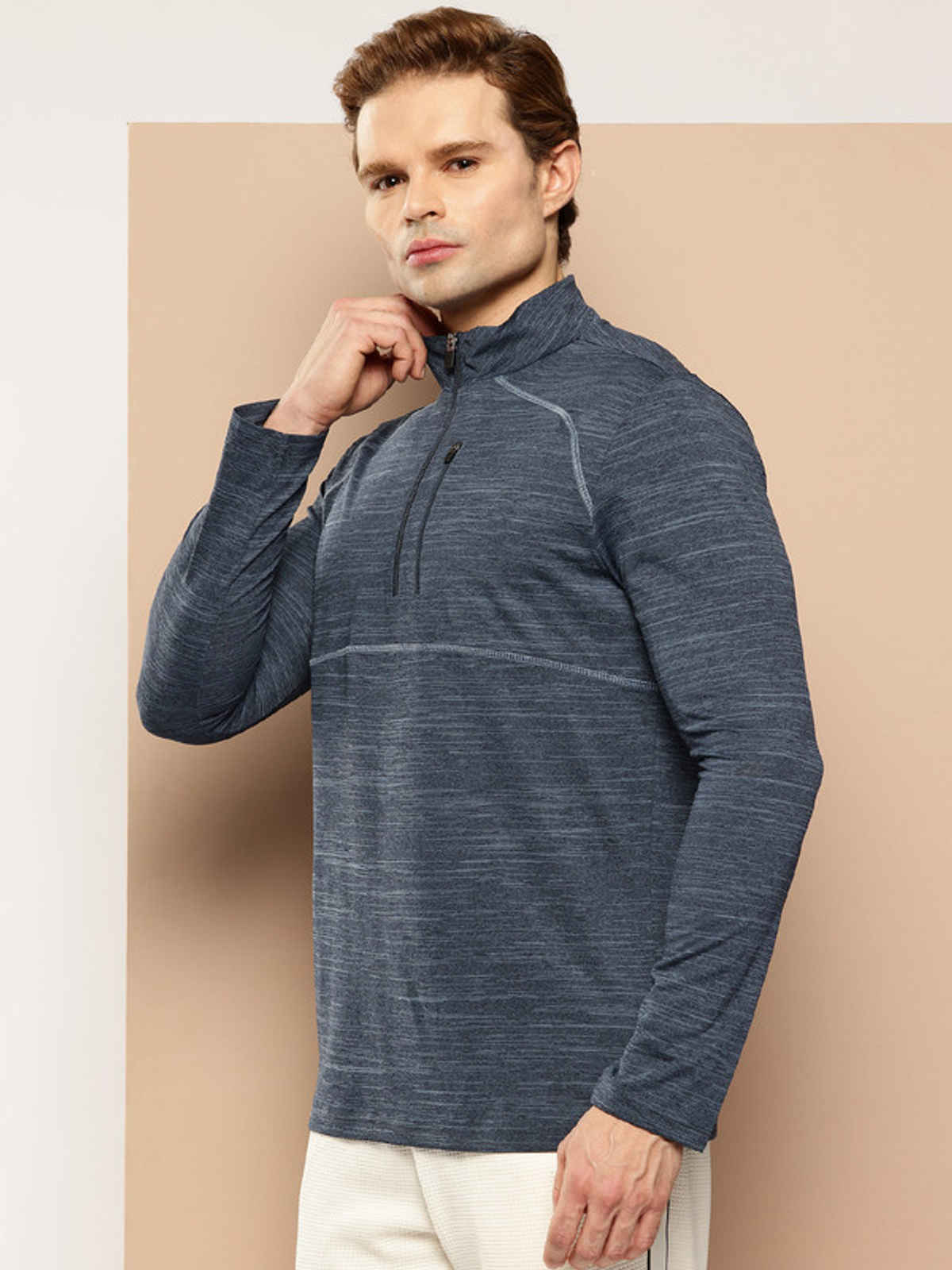 Alcis Men's Zip Flex Full-Sleeve T-shirt | Navy Melange - 2XL