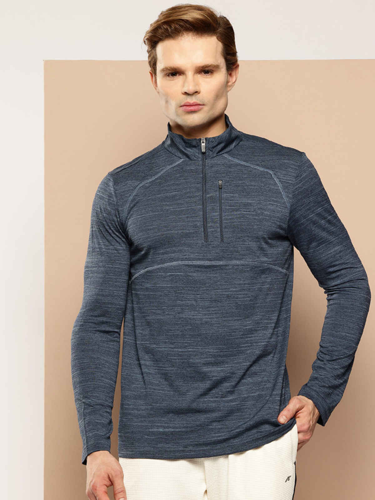 Alcis Men's Zip Flex Full-Sleeve T-shirt | Navy Melange - M