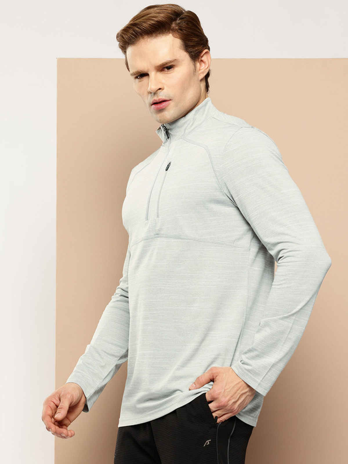 Alcis Men's Zip Flex Full-Sleeve T-shirt | Light Grey Melange - M