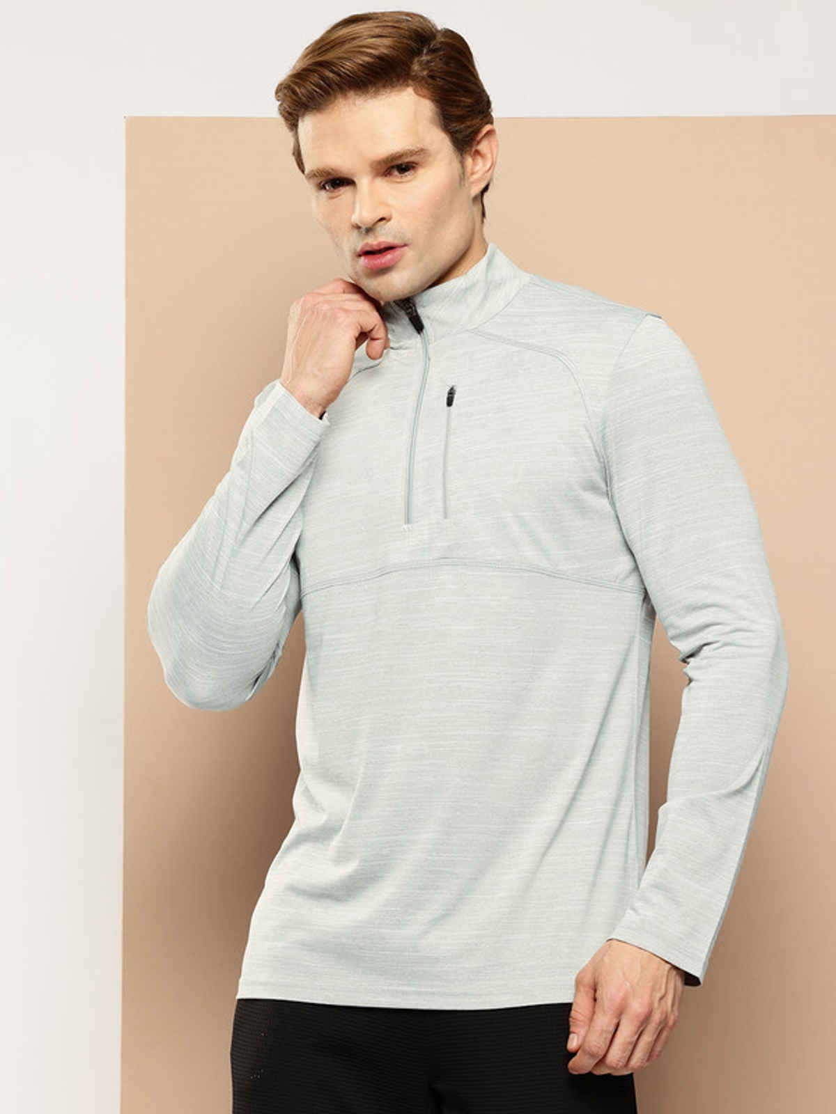 Alcis Men's Zip Flex Full-Sleeve T-shirt | Light Grey Melange - 2XL