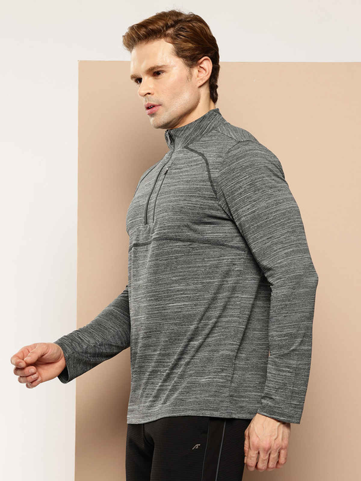 Alcis Men's Zip Flex Full-Sleeve T-shirt | Dark Grey Melange - L