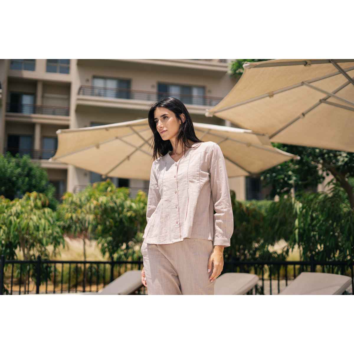 Sanskrutihomes V-Neck Pure Cotton Night Suit | Light Pink | XL