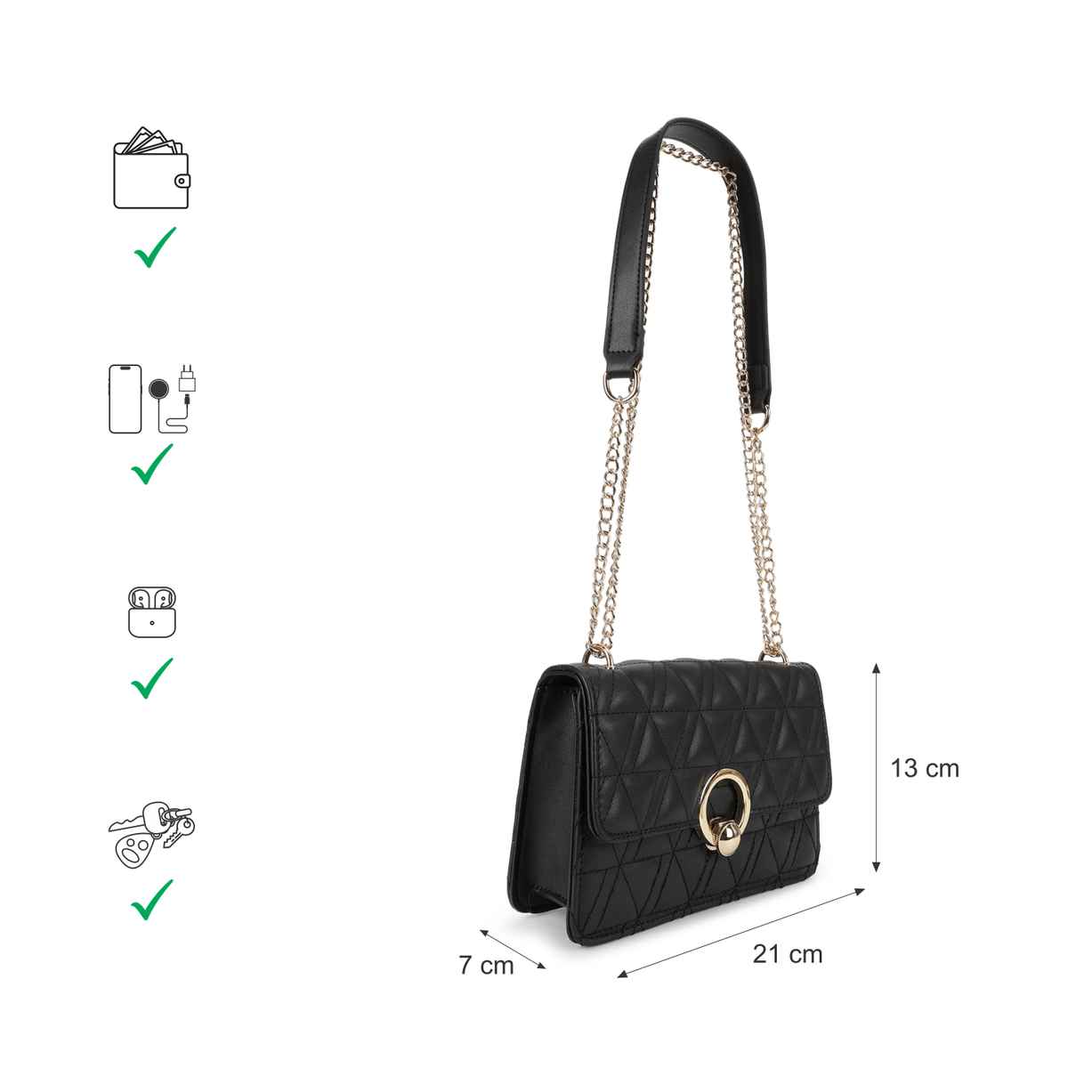 Fastrack Quilted Structured Sling Bag for Women | Black