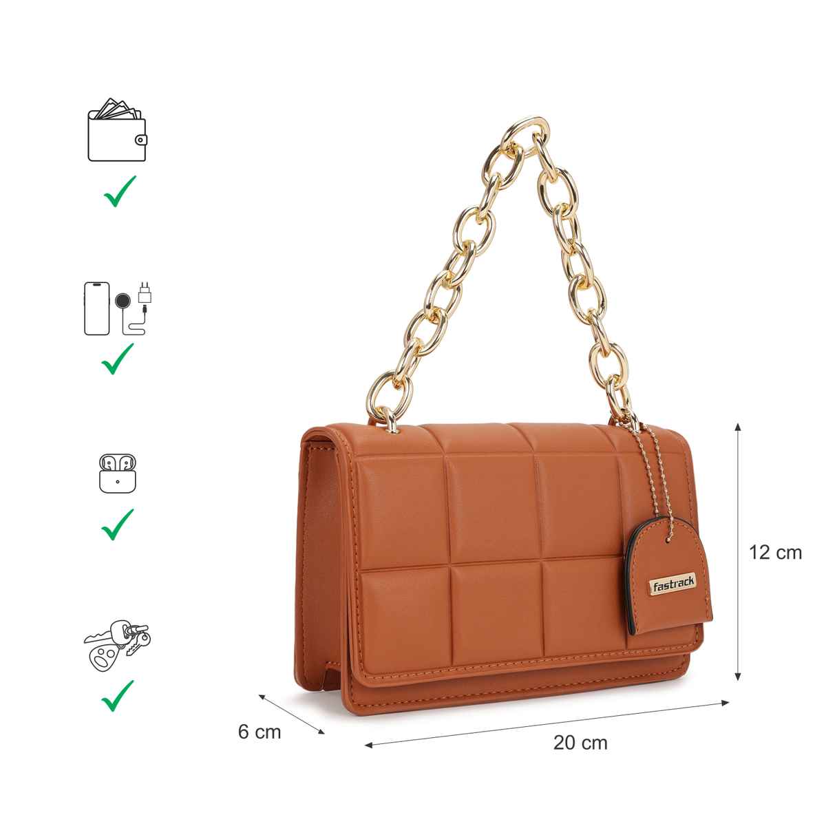 Fastrack Quilted Pattern Sling Bag for Women | Tan