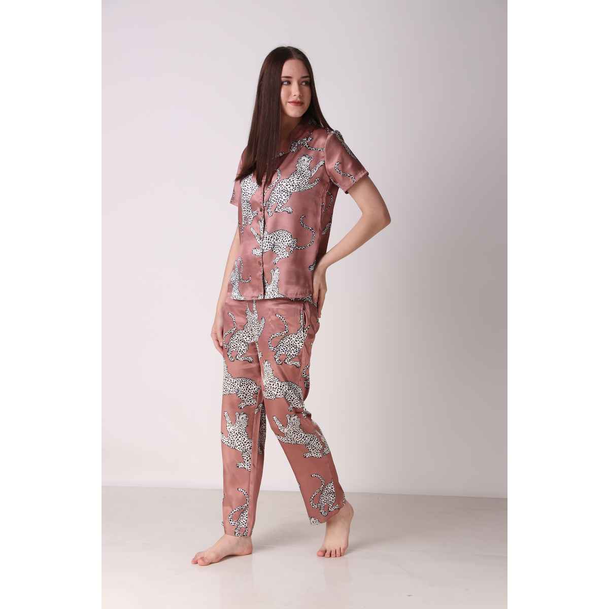 Masha Women's Cheetah Brown Satin Pajamas | Set | XL