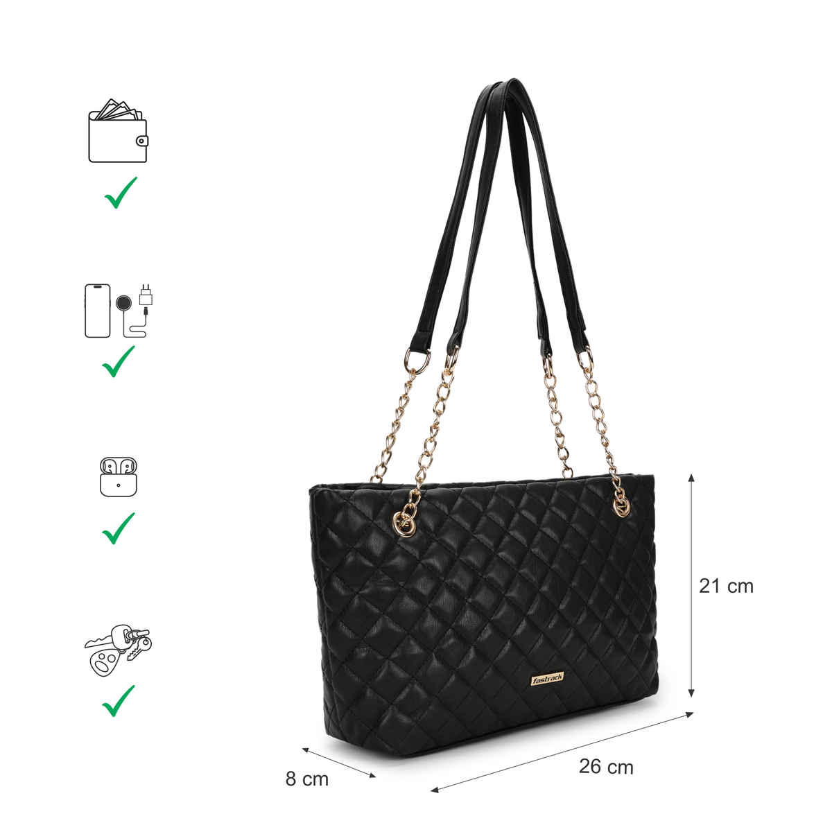 Fastrack PU Structured Quilted Tote Bag for Women | Black