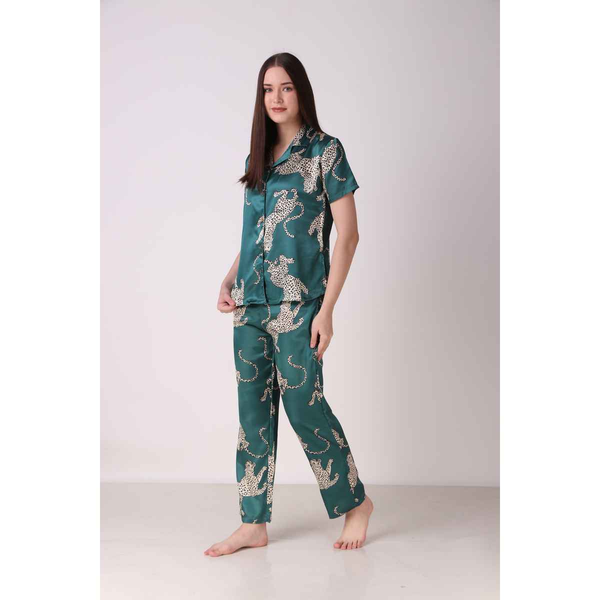 Masha Women's Cheetah Green Satin Pajamas | Set | M