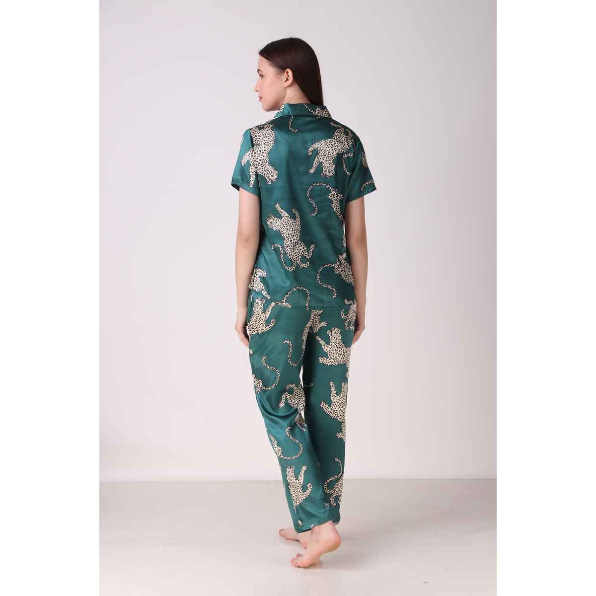 Masha Women's Cheetah Green Satin Pajamas | Set | M