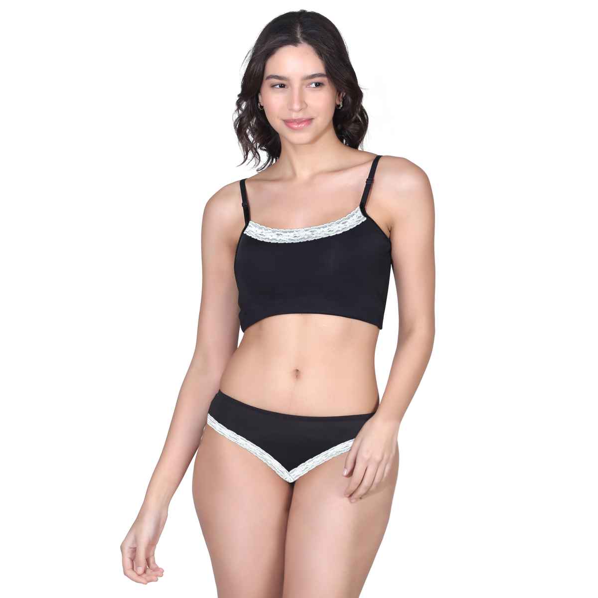 D'chica Women Cotton Lycra Lingerie Set Bra and Thong Panty with Adjustable Straps - Black | L