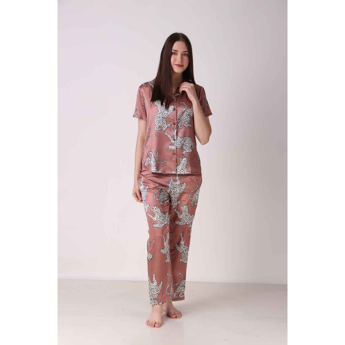 Masha Women's Cheetah Brown Satin Pajamas | Set | XL