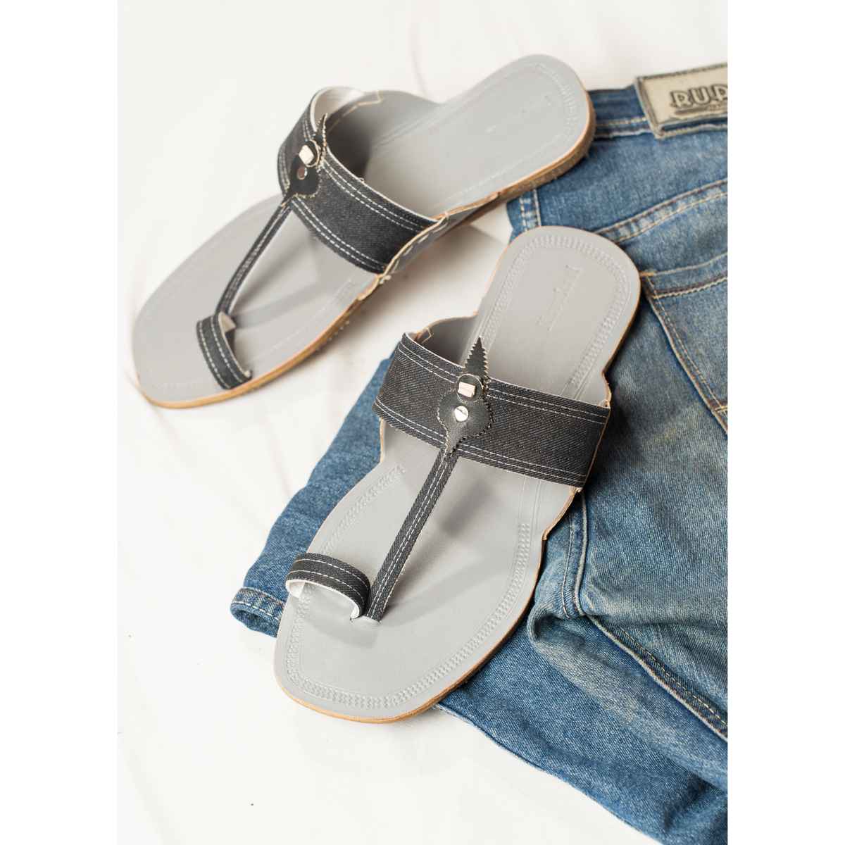 Korakari DenimCharm Kolhapuri Chappal for Men Grey | UK9