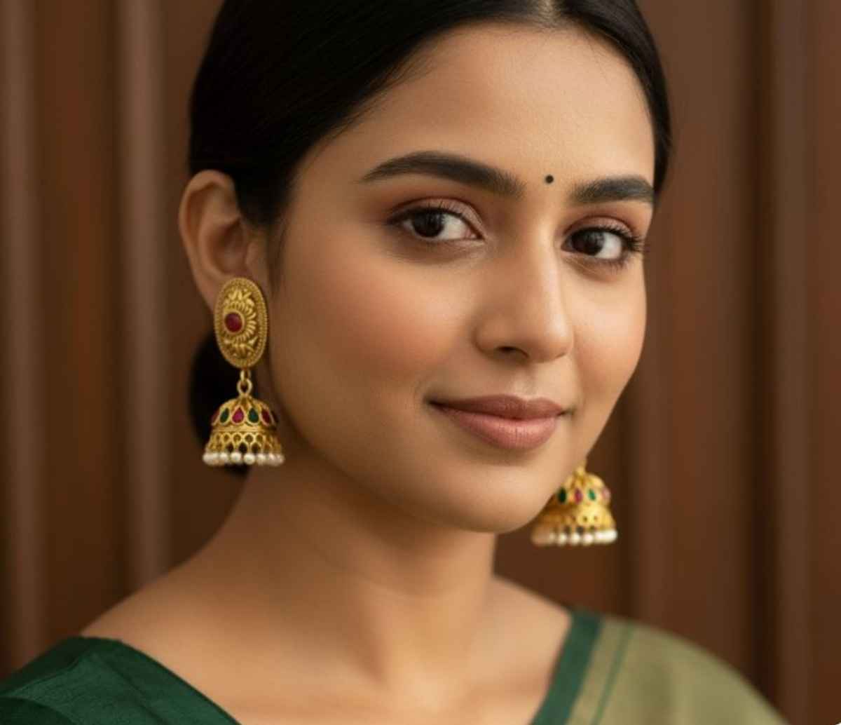 The Opal Factory Earrings Stone Studded Oval Golden Motif Jhumki Earrings with Pearl Hangings |Gold