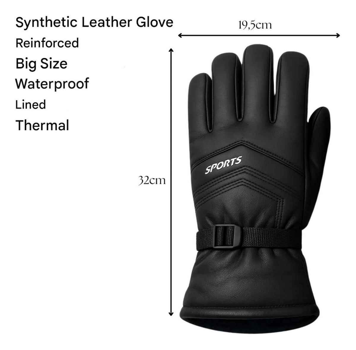 Infispace Men's Winter Waterproof Sport Gloves with Leather Lining & Adjustable Strap | Black