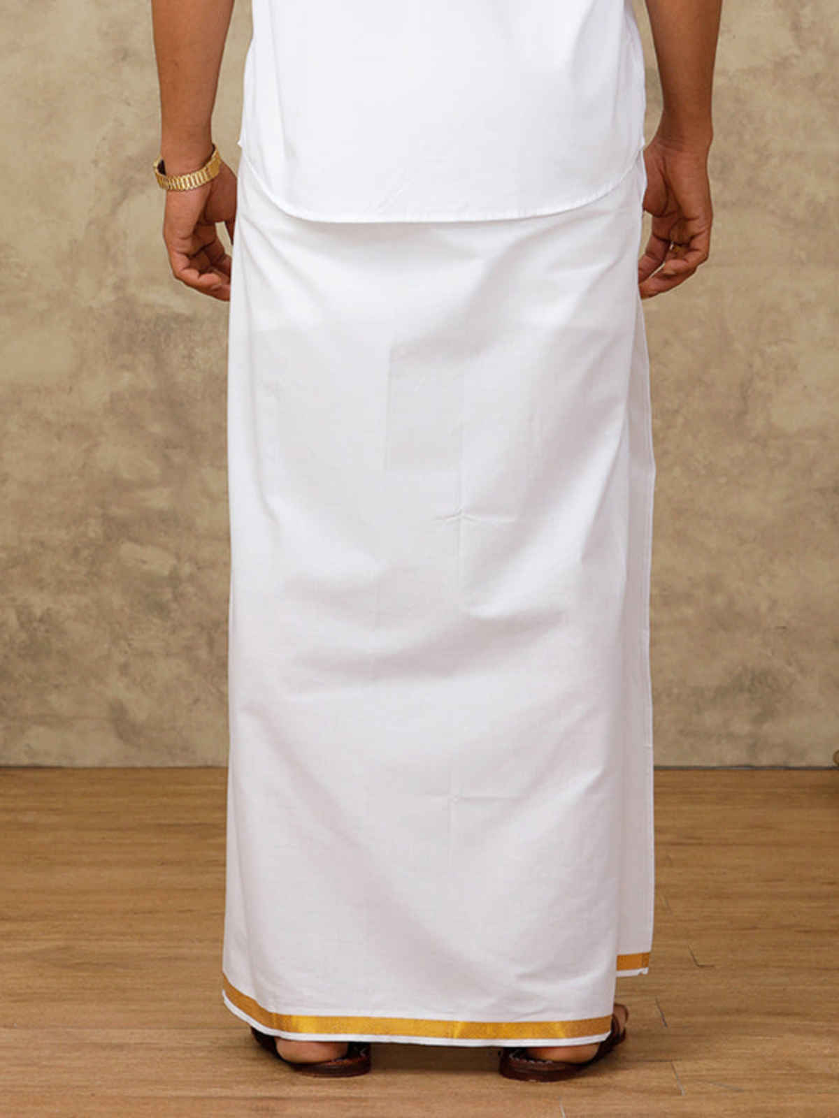 Ramraj Cotton Traditional Velcro Dhoti /Mund /Veshti with Gold Zari Border | White - Free Size