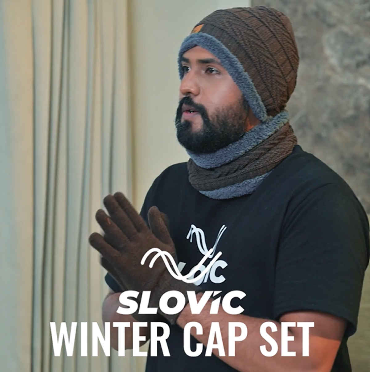 Slovic Stylish Acrylic Wool Winter Cap with Neck & Hand Gloves Set | Brown