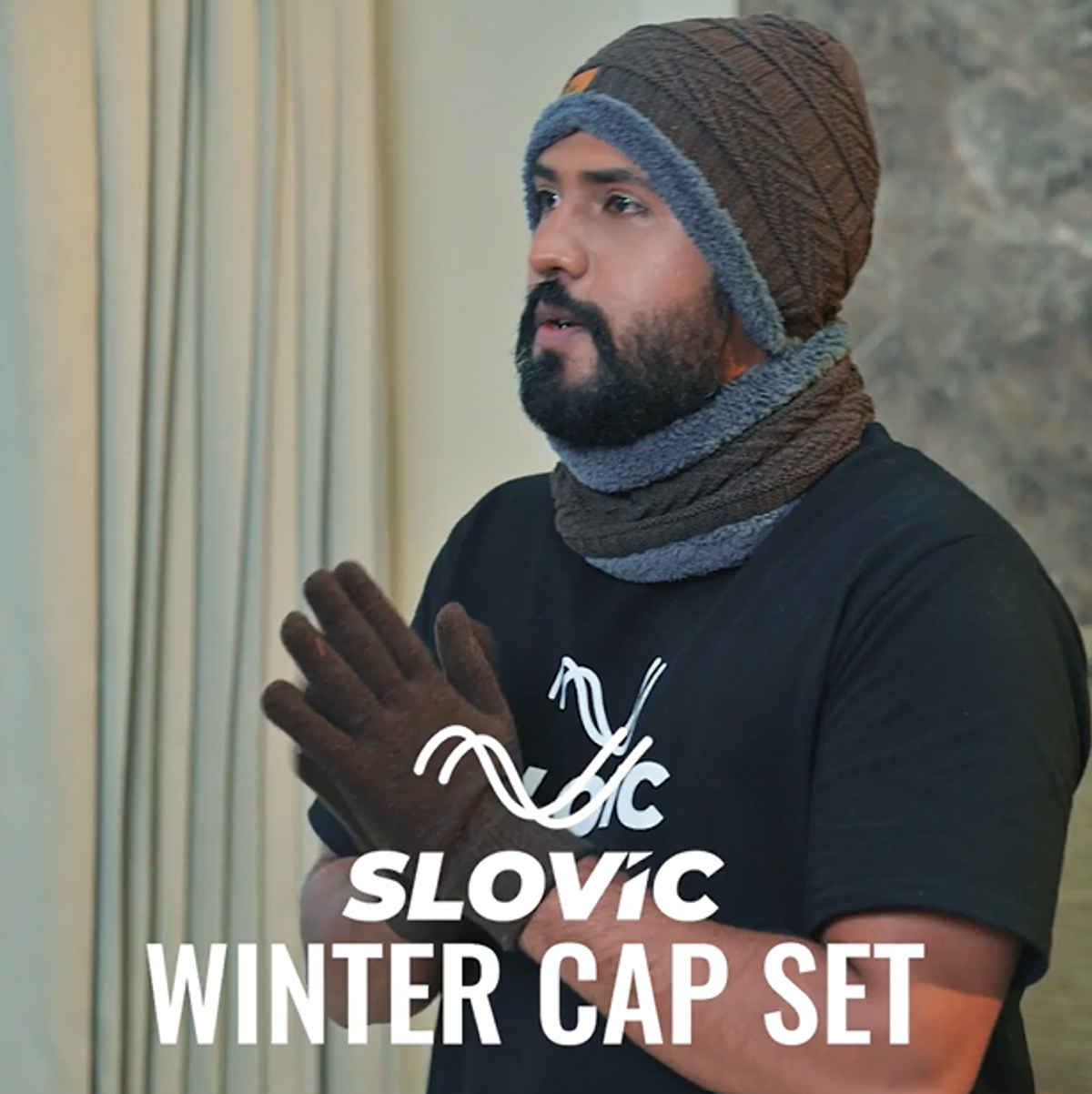 Slovic Stylish Acrylic Wool Winter Cap with Neck & Hand Gloves Set | Black