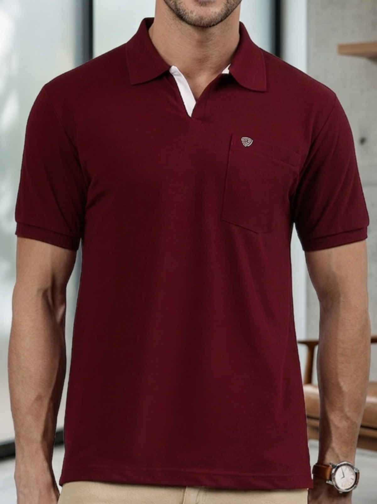 Lux Cozi Men's Solid Cotton Polo T-shirt with Pocket | Maroon - XXL